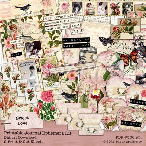 Sweet Love Printable Valentines Ephemera Kit Digital Junk Journal Kit