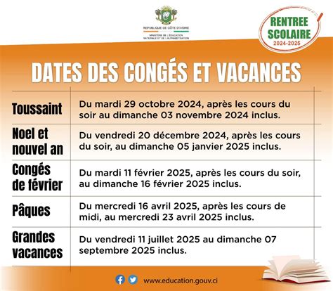 Calendrier des congés scolaires 2024 2025 CI Dates clés YECLO