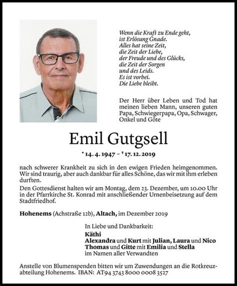 Todesanzeigen Von Emil Gutgsell Todesanzeigen Vorarlberger Nachrichten