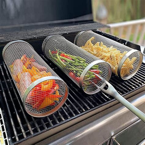 Rolling Grill Basket Stainless Steel Wire Mesh Cylinder Grilling