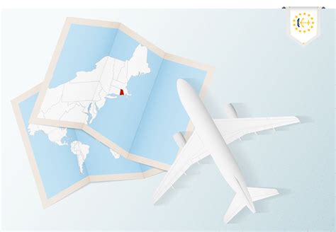 Travel to Rhode Island, top view airplane with map and flag of Rhode ...