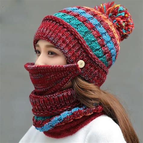 Suogry Winter Mask Hat Scarf Set Thick Warm Women Winter Accessories