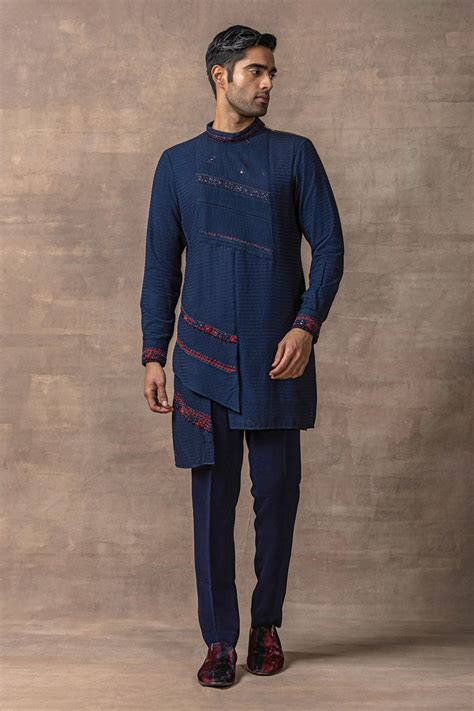 Buy Blue Silk Embroidery Pearl Thread Kurta Set For Men By Sarab