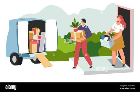 People Moving In Packing Personal Belonging In Box Stock Vector Image
