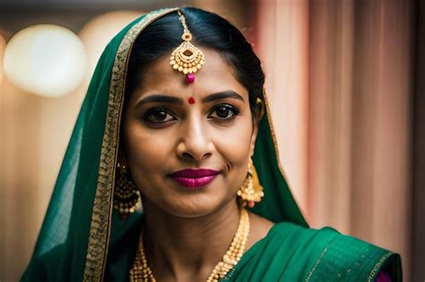 Premium Photo A Woman In A Green Sari With A Red Lip