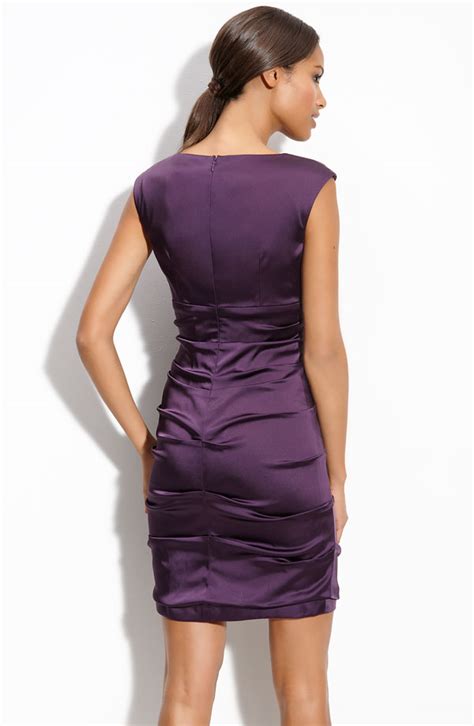 Purple Column V Neck And Sleeveless Zipper Ruffles Short Mini Satin