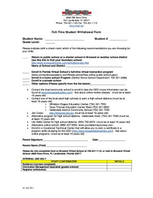 Fillable Online Broward K Fl Full Time Student Withdrawal Form