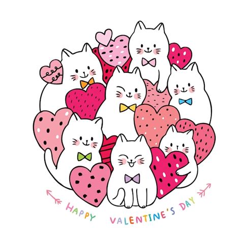 Premium Vector Cartoon Cute Valentines Day White Cats And Many Hearts