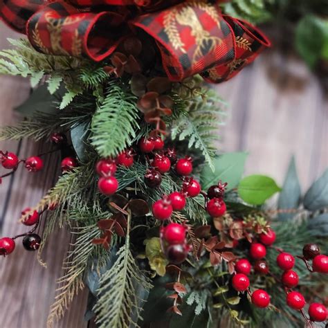 Christmas Red And Black Wreath Buffalo Check Bow With Gold Deer Stag