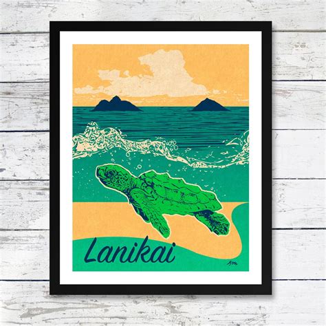 Lanikai Honu Turtle Na Mokulua Poster Art Hawaii Vintage Style Home Decor Wall Art Art Print