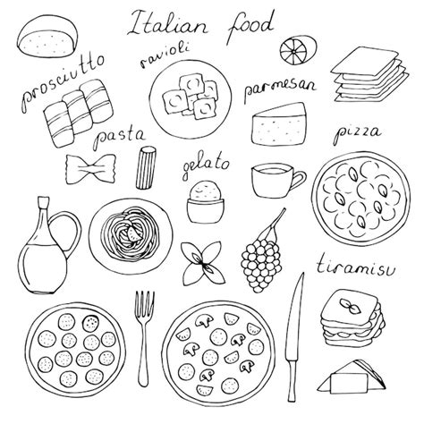 Italiaans Eten Set Vectorillustratie Hand Tekenen Doodles Premium Vector