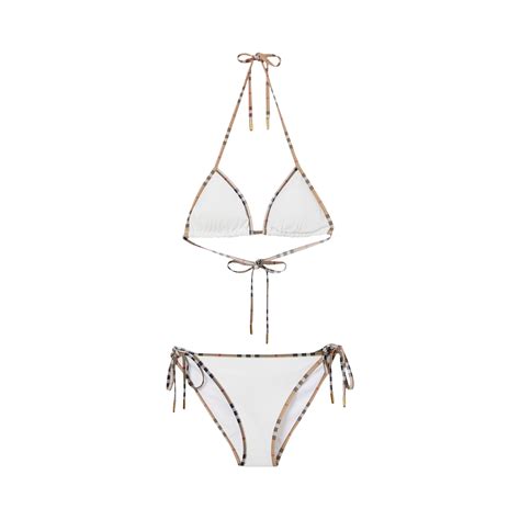 Burberry Check Trim Stretch Nylon Triangle Bikini White Editorialist