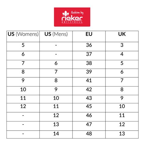 Τους Εξοπλισμός Whitney Rieker Size Chart