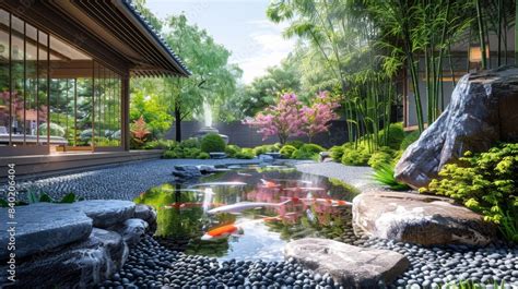 beautiful garden featuring  koi pond bamboo plants   zen rock