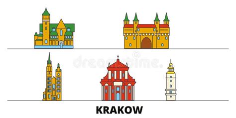 Poland Krakow Flat Landmarks Vector Illustration Poland Krakow Line