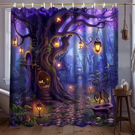 Enchanting Fantasy Forest Shower Curtain Glowing Lanterns Magical