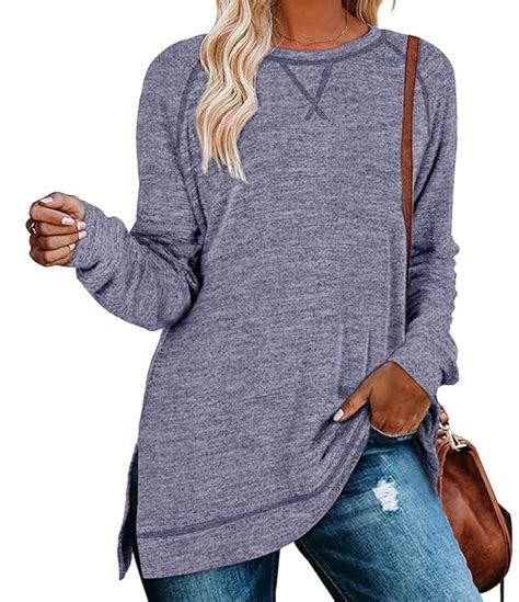 Womens Long Sleeve Sweatshirts Loose Casual Pullover Crew Neck Side Split Shirts Tunic Tops For