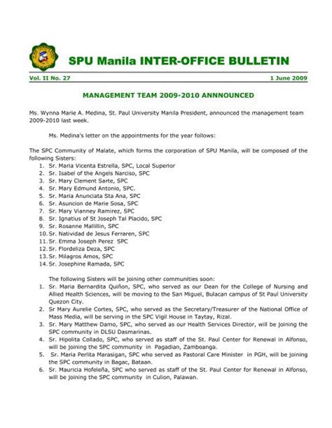 Spu Manila Inter Office Bulletin St Paul University Manila