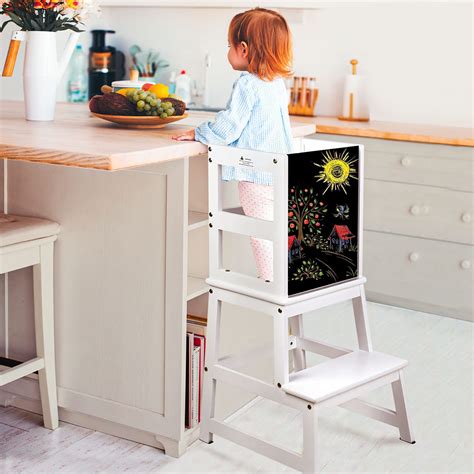 Kids Kitchen Step Stool with Chalkboard & Safety Rail for Toddlers 18