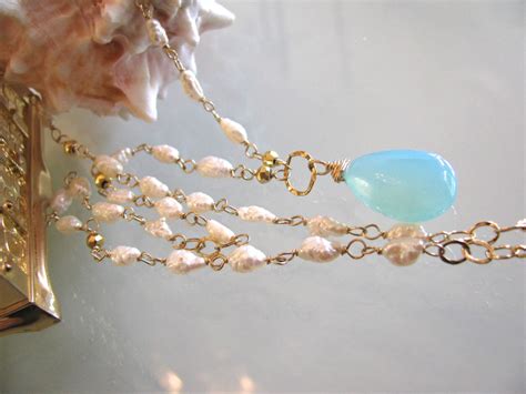 Freshwater Pearl And Sea Blue Chalcedony Necklace Pearl Necklace Blue