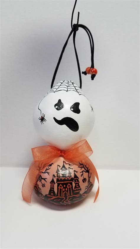 Hand Painted Halloween Gourd, Handmade, Holiday, Ghost, Haunted House, Spider Web, Trees ...