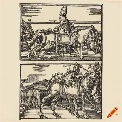 Highly detailed black and white woodcuts by albrecht dürer depicting a