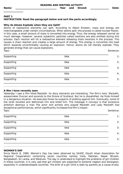 Short Paragraphs Reading And Writing Activity Name