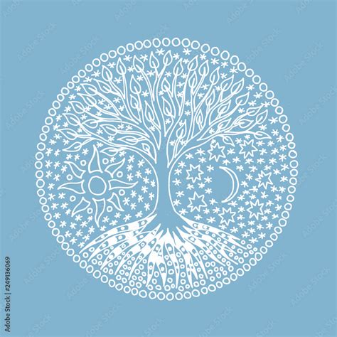 The tree of life in circle mandala on a light blue background. Hand ...