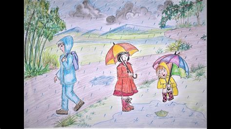 How To Draw Rainy Season Memory Drawing For Kids Youtube