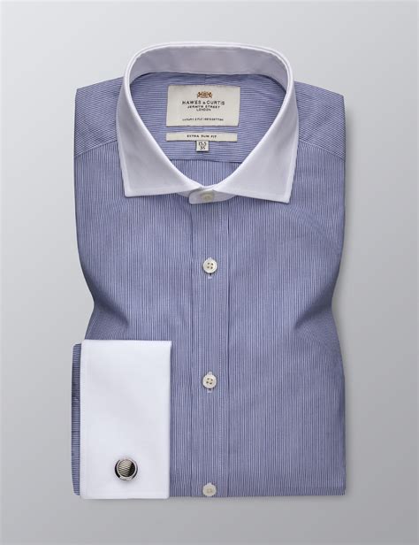 Mens Formal Blue Fine Stripe Extra Slim Fit Shirt Double Cuff