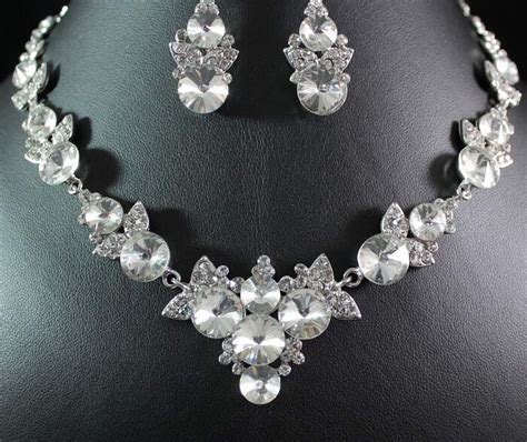 FLORAL CLEAR AUSTRIAN RHINESTONE CRYSTAL NECKLACE EARRINGS SET BRIDAL