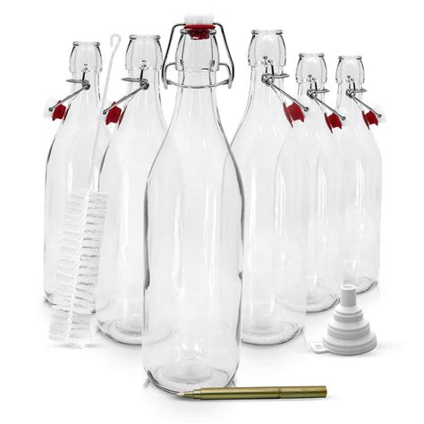 Nevlers 6 Pack 33 Oz Round Glass Bottles With Swing Top Stoppers Bottle Brush Funnel And