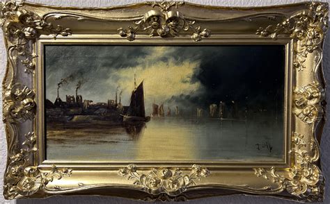 Unknown Antique 19 Cent Oil Painting On Canvas Seascape Night