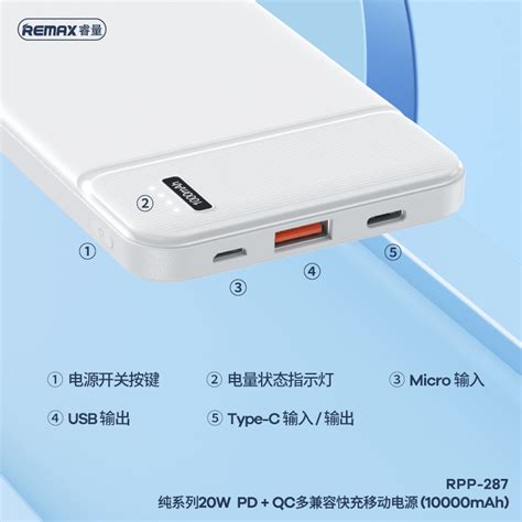 REMAX Power Bank 10000mAh RPP 287 Pure USB Type C PD 20W QC 18W