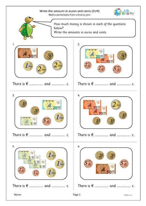 Write The Amount In Euros And Cents Eur Money Worksheets Using Euros By