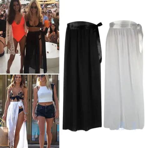 Black Women Bikini Cover Up Swimwear Sheer Beach Maxi Wrap Skirt Sarong Summer Bathing Suit