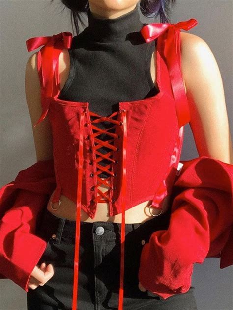 Emmiol Free Shipping 2023 Lace Up Y2K Corset Top Red S In Corset Tops