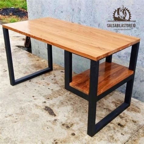 Meja Kantor Kayu Jati Aslitop Table Kayu Jati Kaki Besi Hollow