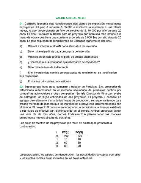 CASO VAN van VALOR ACTUAL NETO Calzados Ipanema está considerando