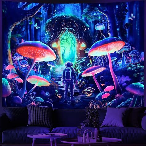 Mushroom Fantasy Forest Blacklight Tapestry UV Reactive Misty Nature