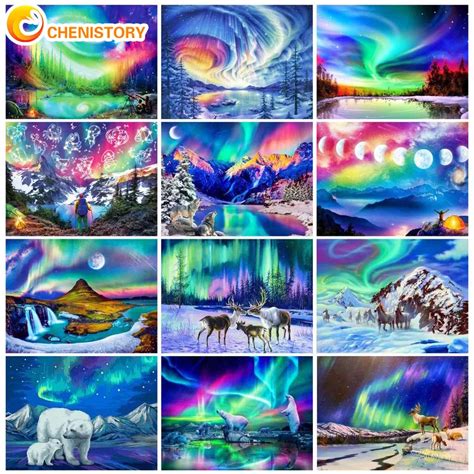 Chenistory Diy Painting By Numbers Aurora Landscape Paint By Numbers For Adults Coloring Drawing