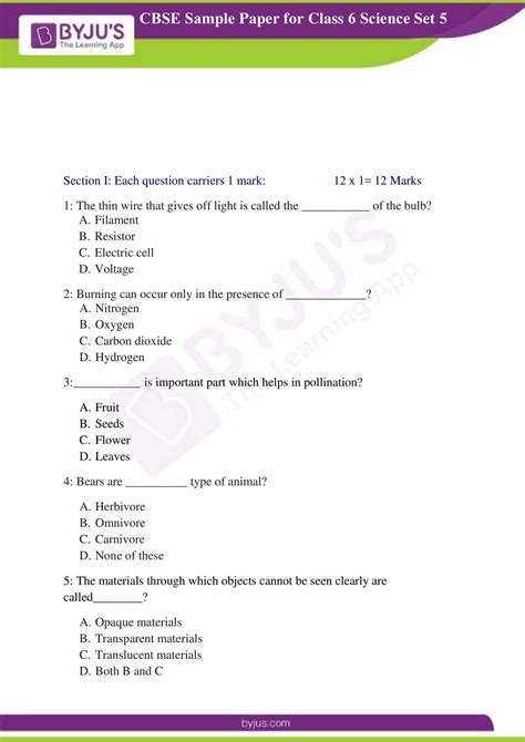 Cbse Sample Paper Class 6 Science Set 5 Download Pdf