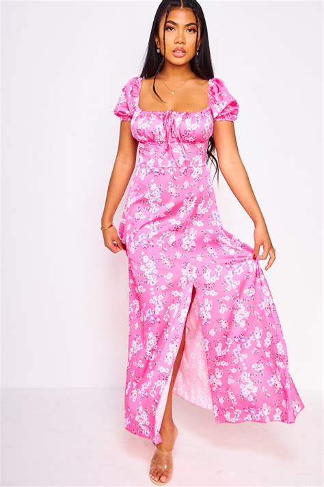 Robe Longue Rose Satiné Fleurie Col Bardot Brentiny Paris