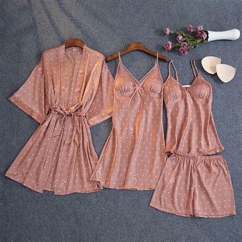 4 Pcs Suit Female Sexy Ice Silk Women Pajamas Thin Sling Nightdress