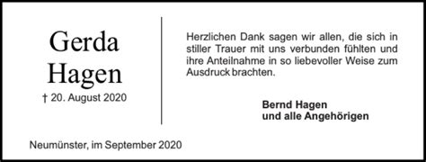 Traueranzeigen Von Gerda Hagen Sh Z Trauer