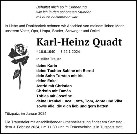 Traueranzeigen Von Karl Heinz Ouadt Trauer Nordkurier