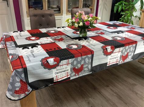 Nappe Auberge Carreaux Campagne Poules Noir Rouge Gris