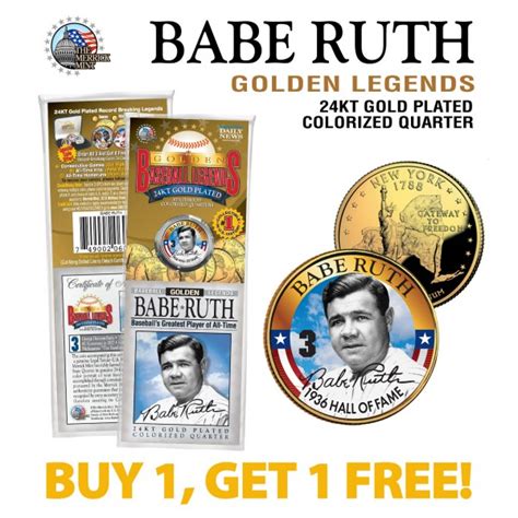 BABE RUTH Golden Legends 24K Gold Plated State Quarter US Coin BUY 1 GET 1 FREE Bogo