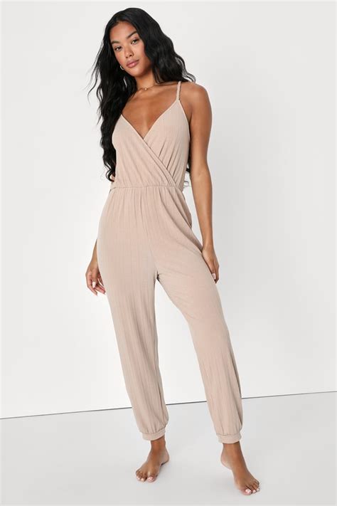 Cute Taupe Jumpsuit Ribbed Lounge Jumpsuit Surplice Jumpsuit Lulus