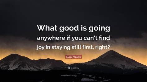 Suzy Krause Quote: “What good is going anywhere if you can’t find joy in staying still first